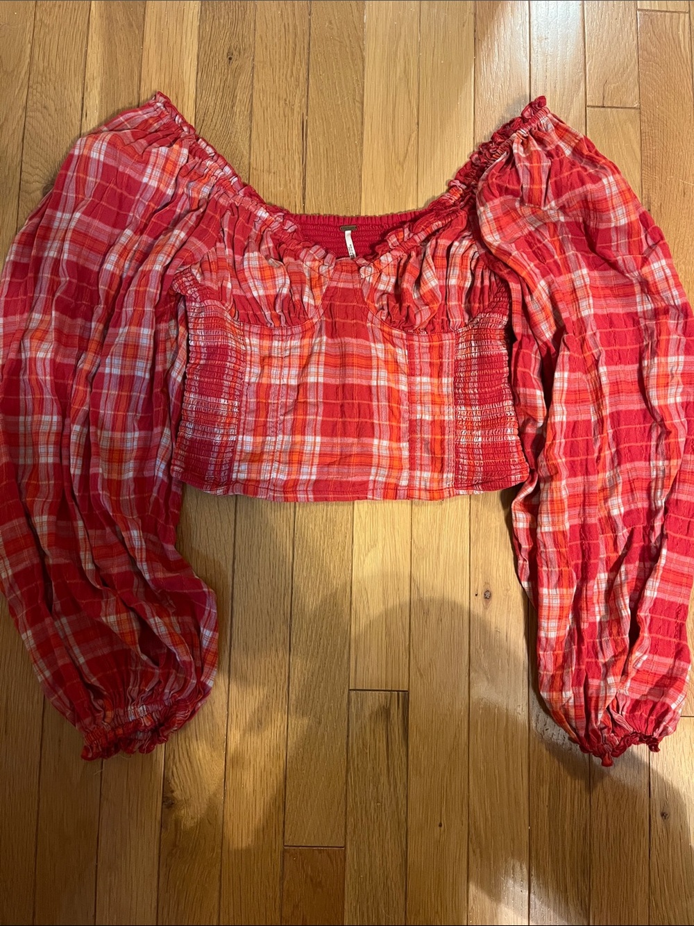Free People Red Cherry Bomb plaid milkmaid long sleeve top